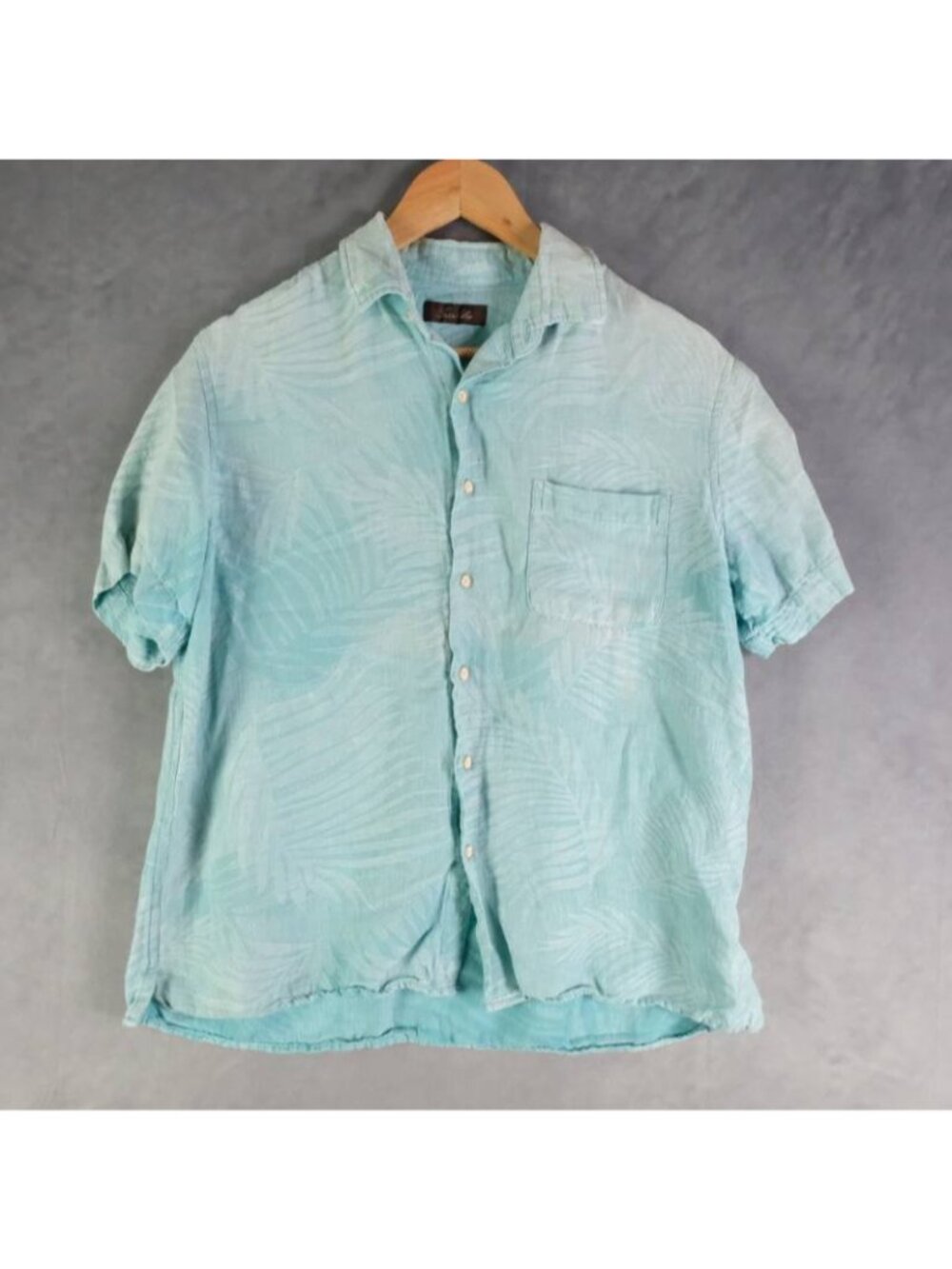 Tasso Elba Shirt Mens Medium Blue Aqua Tropical Leaf Silk Linen Casual Button Up